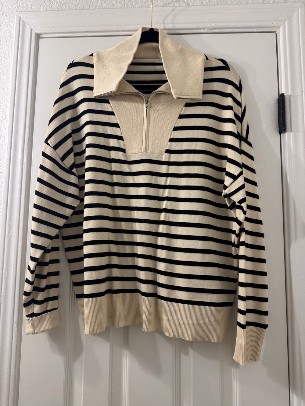Women’s Cream and Black Striped Zip-Neck Sweater